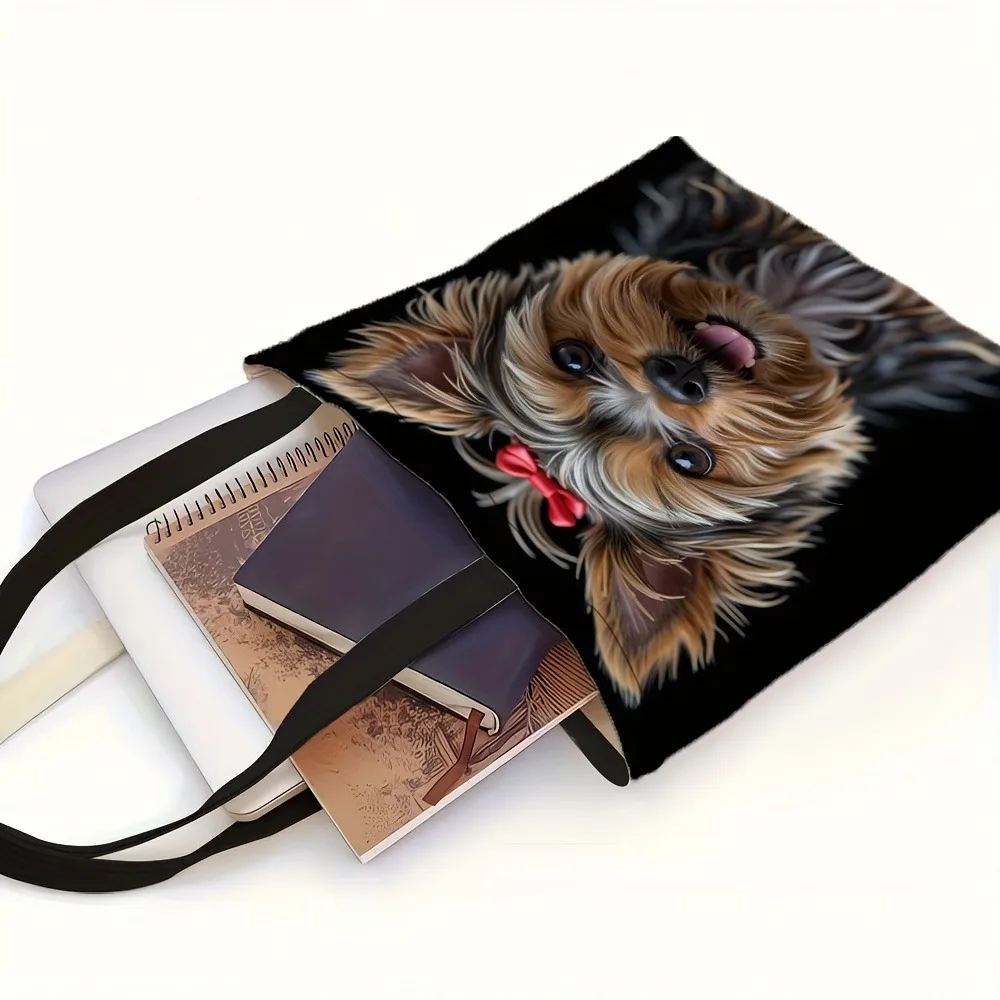 1 Stück schicke Einkaufstasche mit Hunde-Aufdruck, Polyester-Einkaufstasche mit bezauberndem Yorkie-Design, wiederverwendbar für Damen, lässige Schultertasche – Detail 7