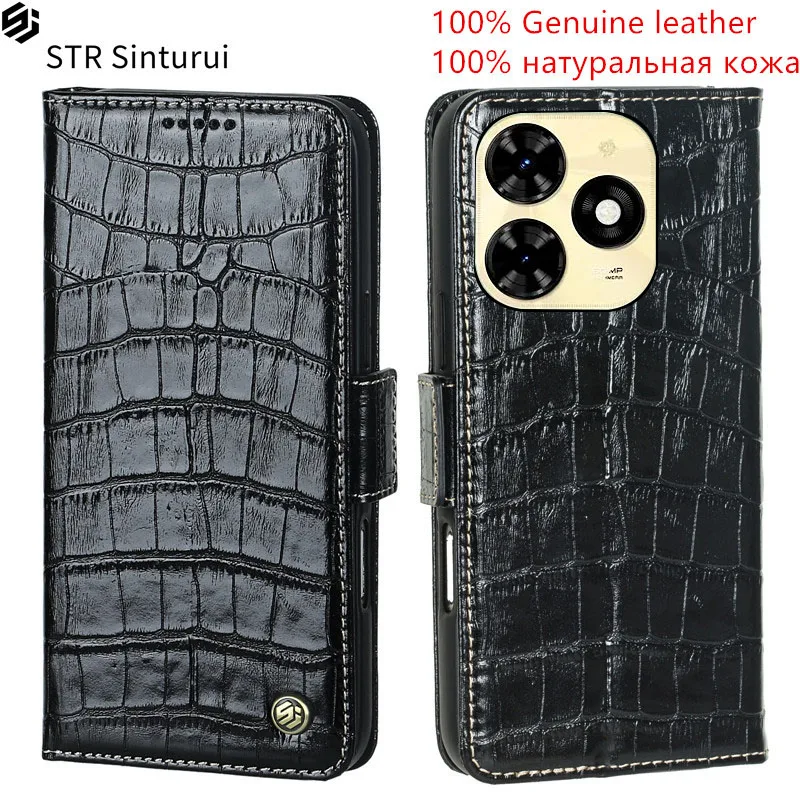 

STR Genuine leather crocodile grain card Slot Wallet Cover For Tecno Spark 20P 20 Pro+ 20C Go 2024 2023 10 5G 10C phone Case
