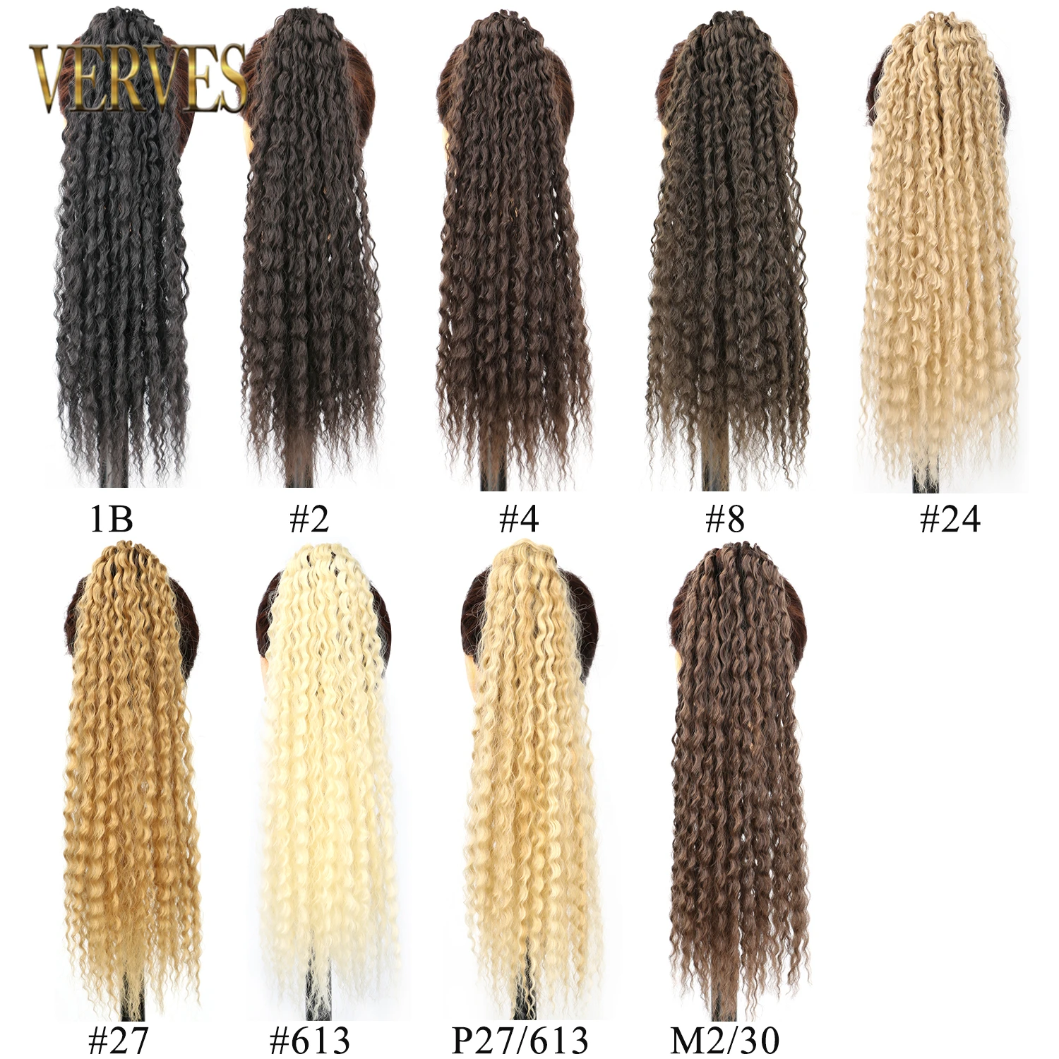 Queue de cheval bouclée synthétique pour femme, extensions de cheveux blonds, noirs, bruns, vague naturelle pure, 20 po