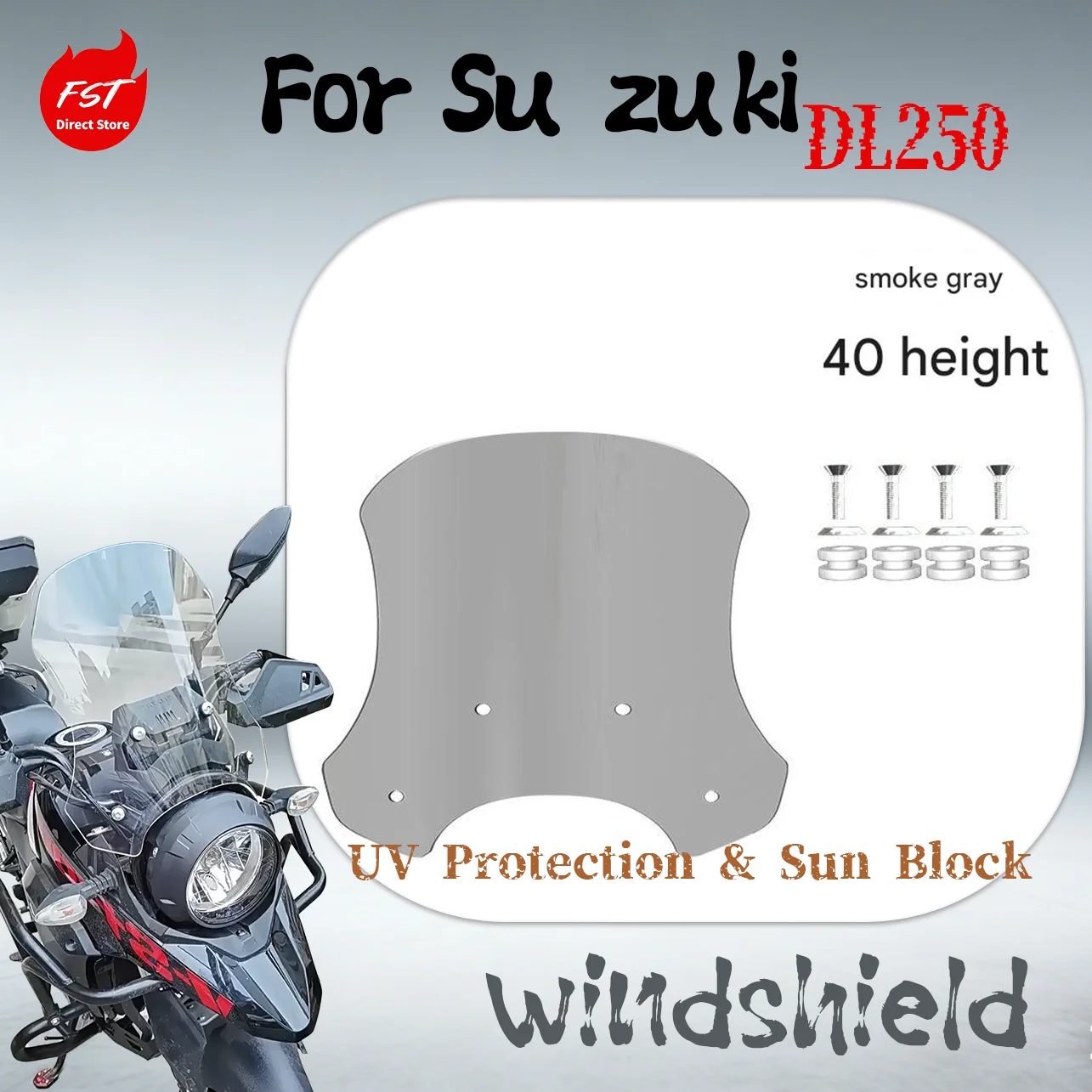 

Увеличенное по высоте и ширине ветровое стекло для мотоцикла Suzuki DL250: модифицированные ветрозащитные и дождезащитные детали