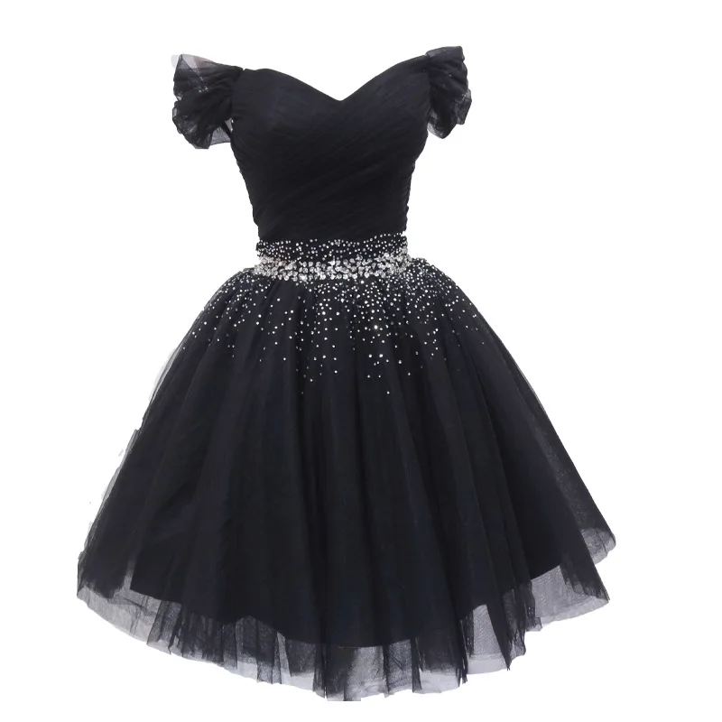 Black Short Evening Dresses Elegant Off The Shoulder Sequin Tulle Ball Gown Dress Lace Up Simple Vestido De Noche Customized