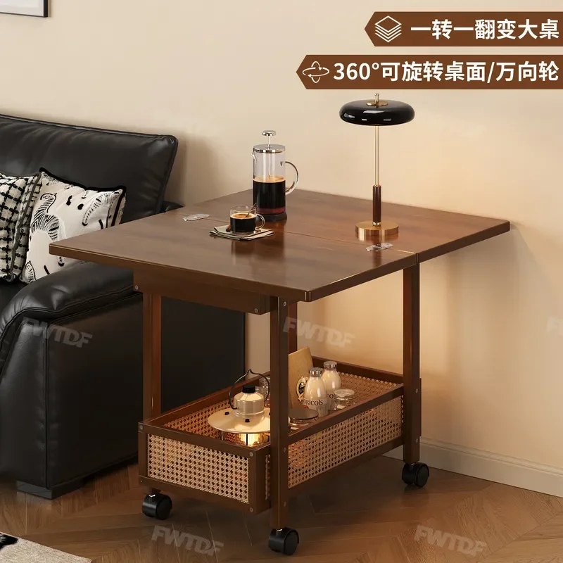 Foldable Bamboo Rattan Side Table Mid Century Modern Coffee Cart for Living Room Sofa Small Apartment Storage Cabinet
