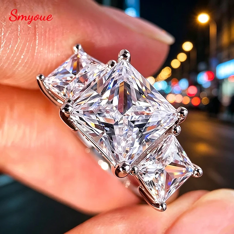 Smyoue Princess Cut 3 Gems Moissanite Wedding Rings for Women Couple Jewelry Girl's Birthday Gift Lab Diamond Band Pure S925