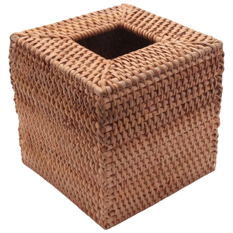 3X Square Rattan Tissue Box Cover, Hand Woven Wicker Tissue Holder, 5.7 X 5.7 X 5.7 Inches, Wood Color