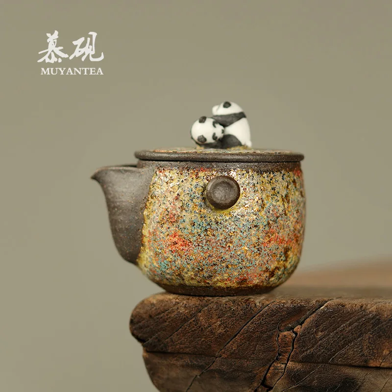 Mu Yan Mine Panda Teapot Gaiwan High Yue Firewood Burning Pure Handmade Treasure Bottle Creative Old Rock Clay Tea Set Handheld