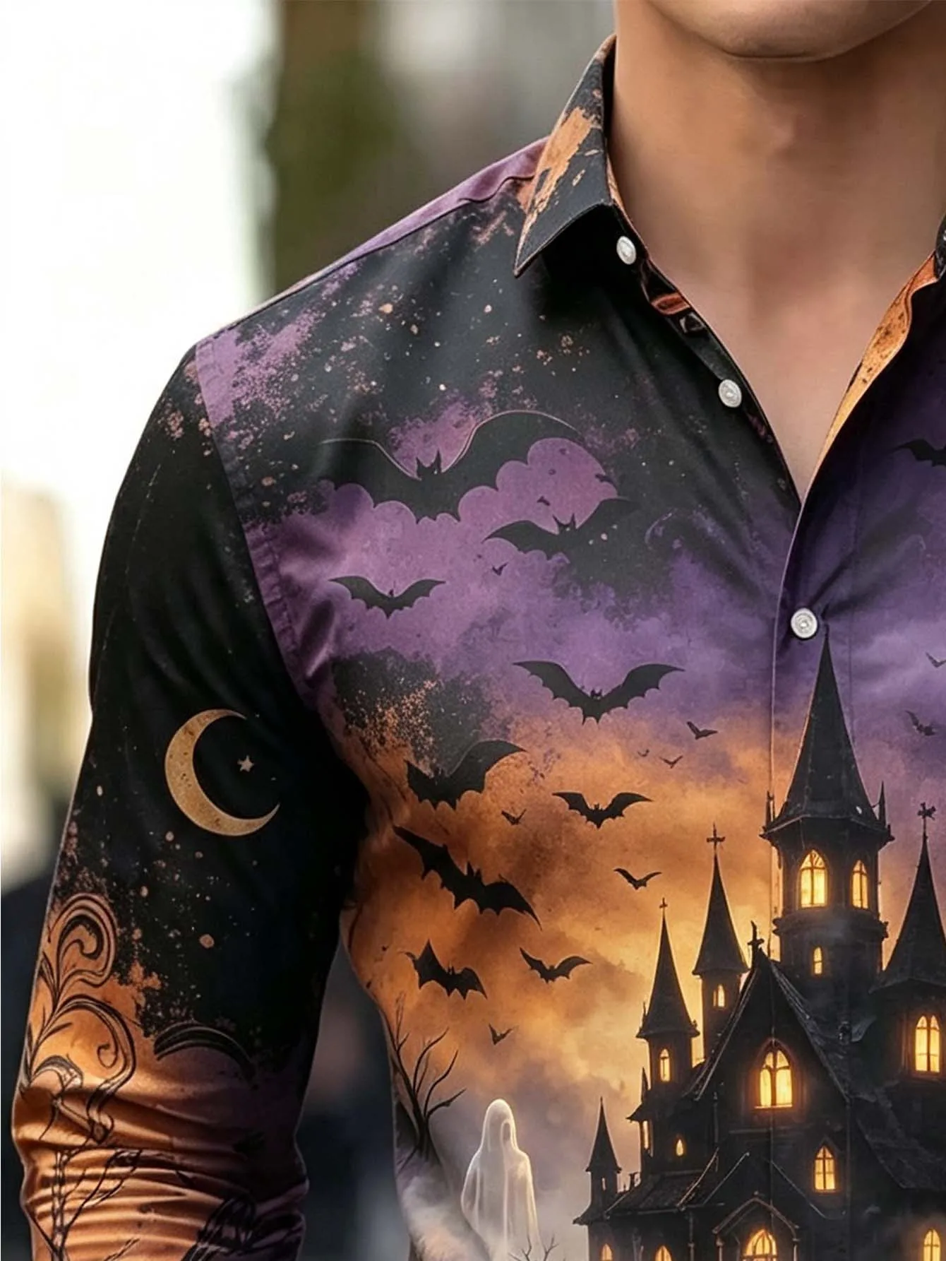 Autumn Men Lapel Collar Shirt Spooky Haunted House Ghost Bat Crescent Moon Night Scene Graphic Polyester Long‑Sleeve Top