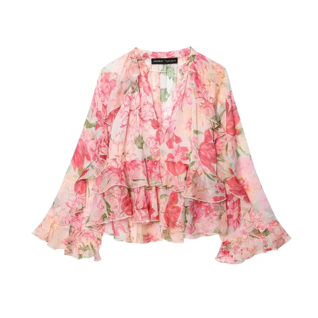 Women New Fashion Summer Casual Chic Women Blouse V-Neck Tiered Long Sleeve Loose Shirts Vintage Style Tops 3130359