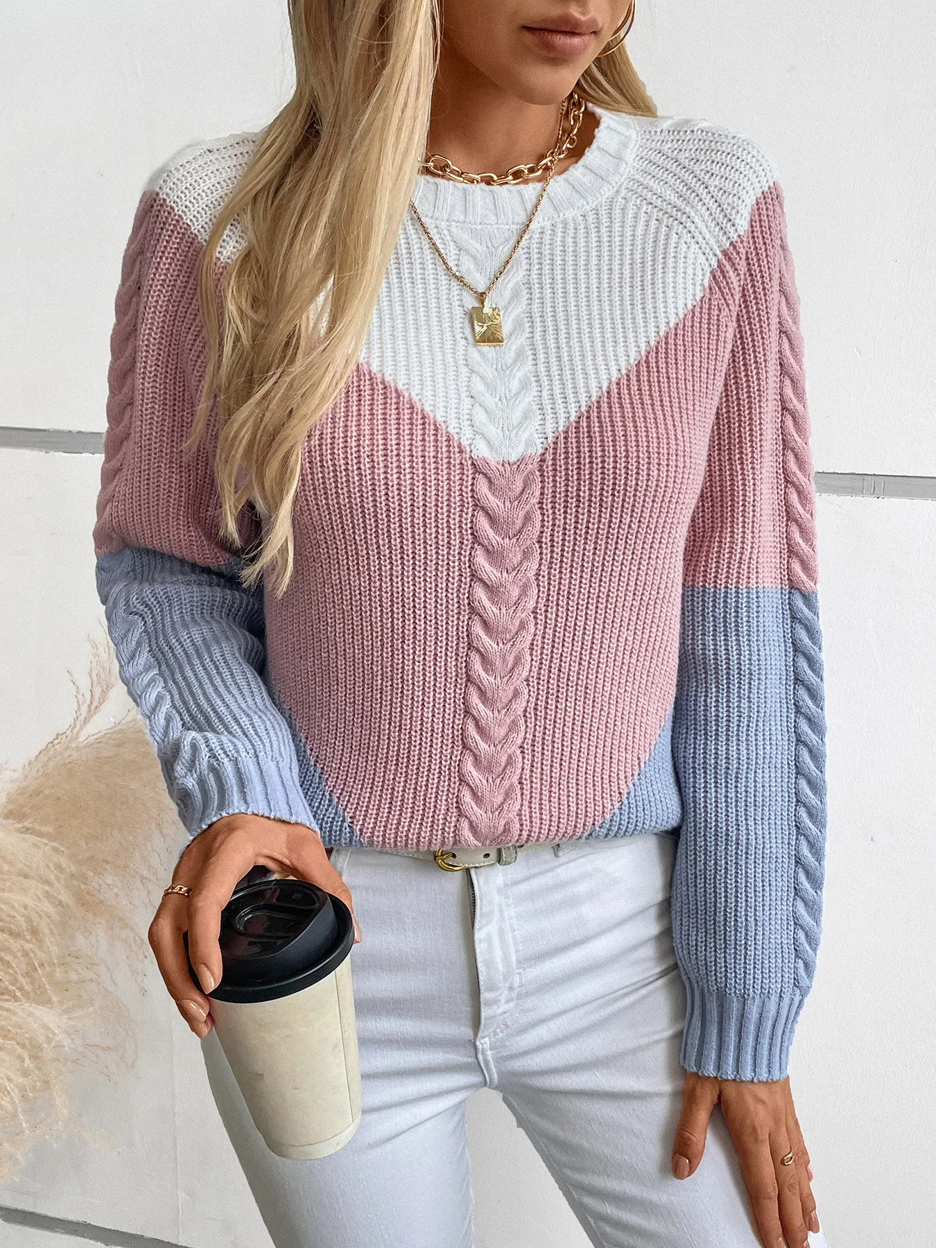 

Geometric Cable Knit Sweater Women‘s Loose Color Block Pullover, Modern Floral Design Long Sleeve Top, Autumn Winter New Arrival