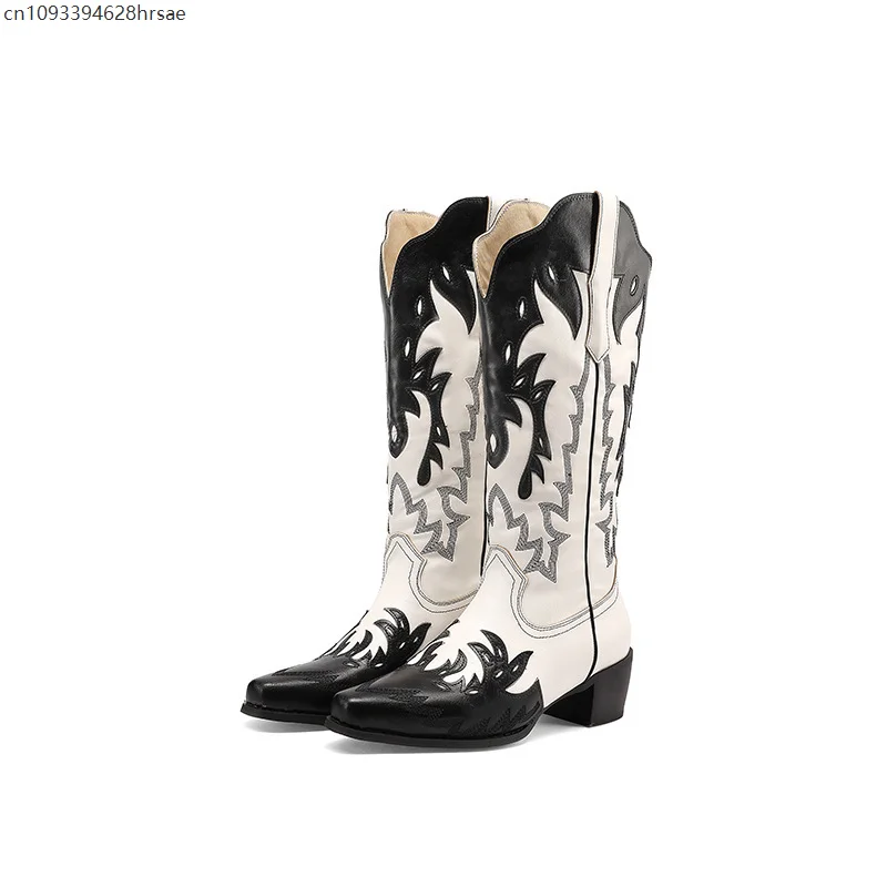 Women's Retro Embroidery High Tube Boots Brown White Patchwork Fashion Pointed Toe Thick Heel Cosplay Shoes for Party Streetwear
