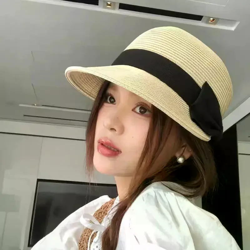 Women's Summer Straw Hat French Flat Top Vintage Bow Sun Visor Cap For Outdoor Travel Beach Vacation Sunscreen Headwear