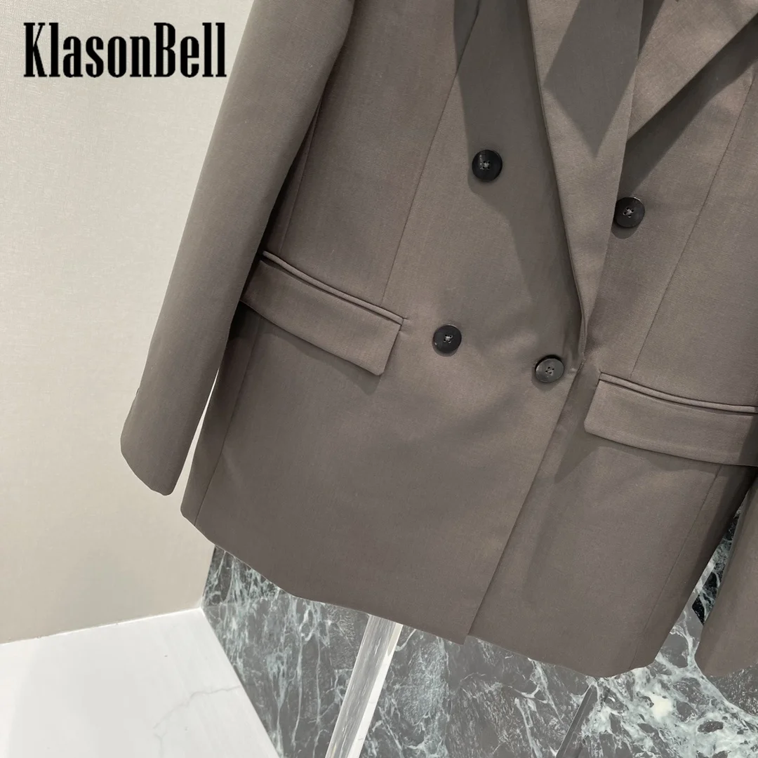 9.7 KlasonBell Women 2024 Autumn New Label Double Breasted Long Blazer Simple Shoulder Pads Cuff Button Retro Loose Coat