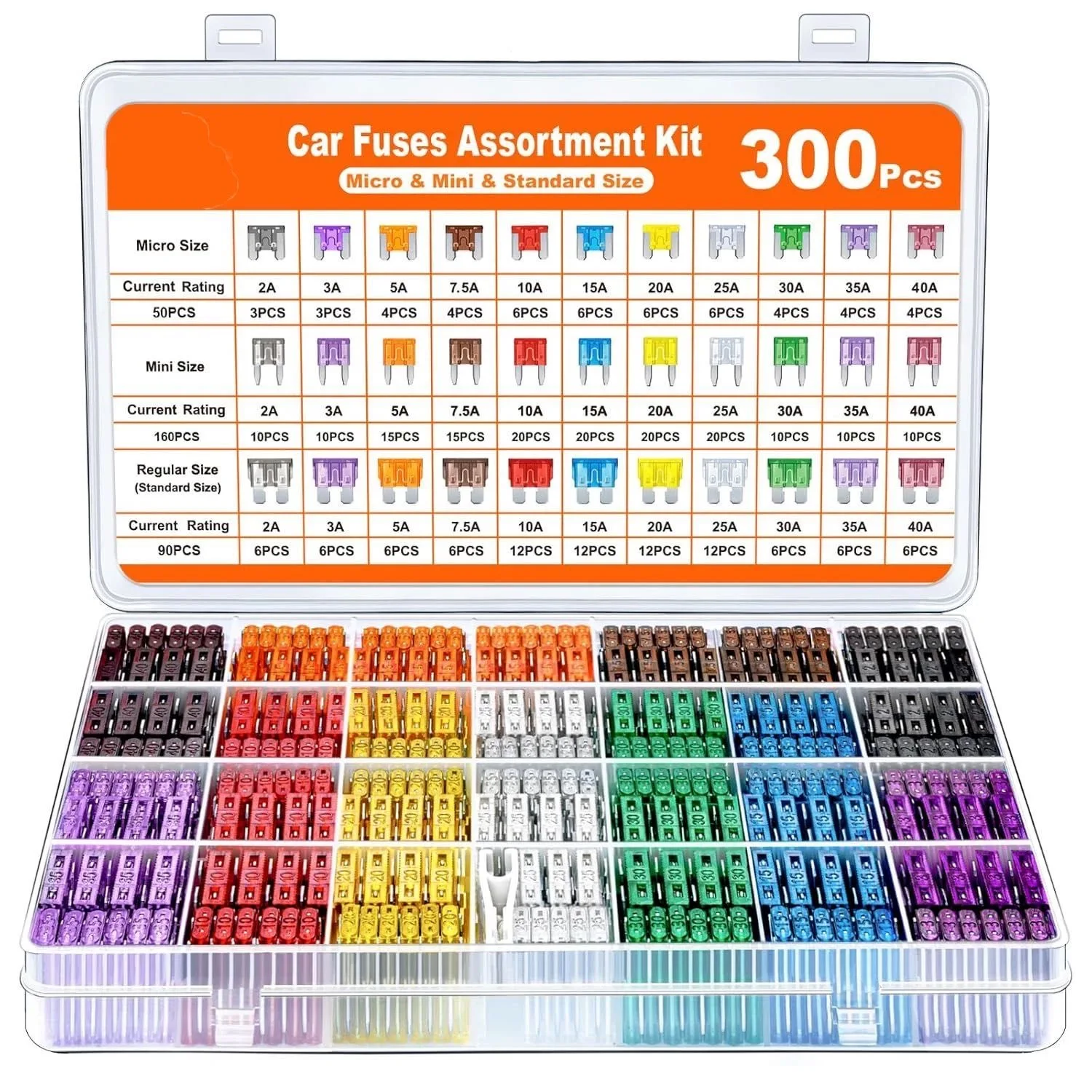 300pcsCarFuse Assortment Kit Mini Standard Micro Fuses 160x Mini 90x Standard 50x Micro with Extractor Tool Aluminum Mixed Colo