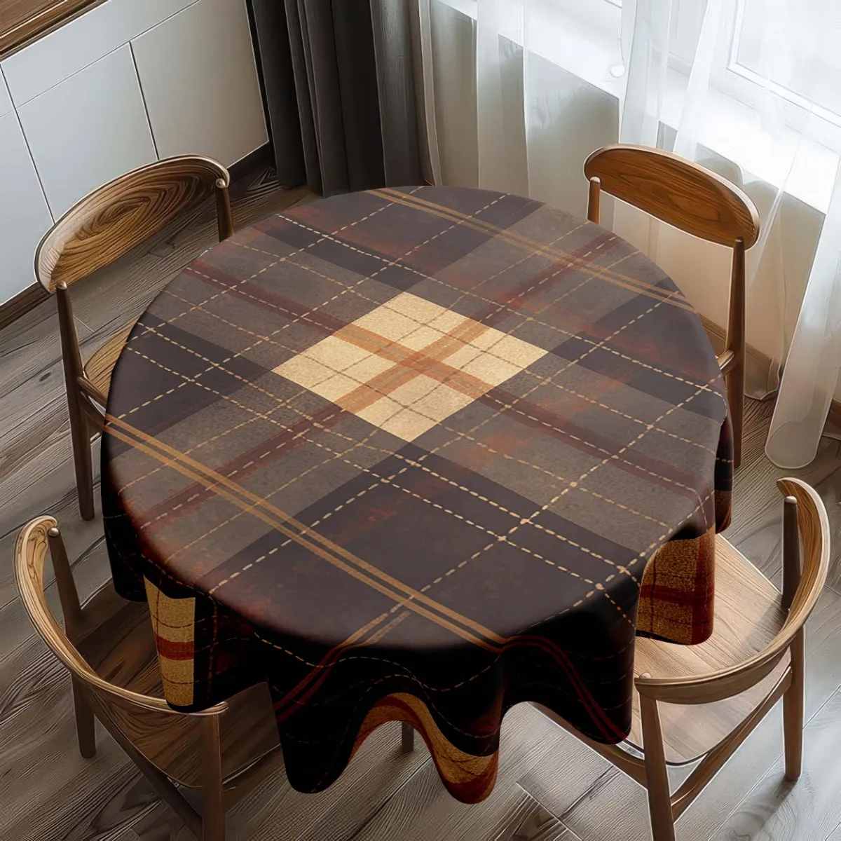 One piece of Bohemian-style checkered tablecloth, in red-brown check pattern, made of polyester.