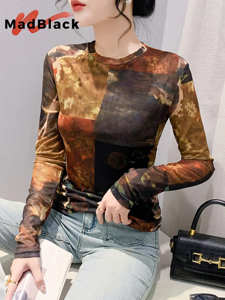 MadBlack, European Clothes T-Shirt, Women Sexy O Neck Tie-dyed Top, Long Sleeve Mesh Fashion Slim Tee, 2024 Fall Winter T49211CC