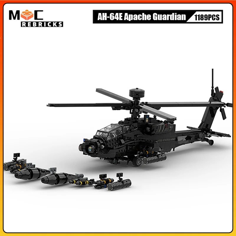 MOC Military Series Building Blocks AH-64E Apache Guardian Attack Helicopter Model DIY Technology Bricks Toy Holiday Gifts