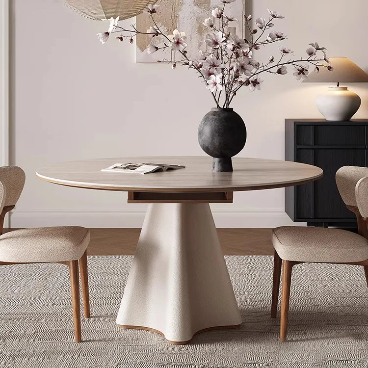 Travertine slate folding dining table, solid wood small apartment variable round table, square and circle dual-purpose French cr