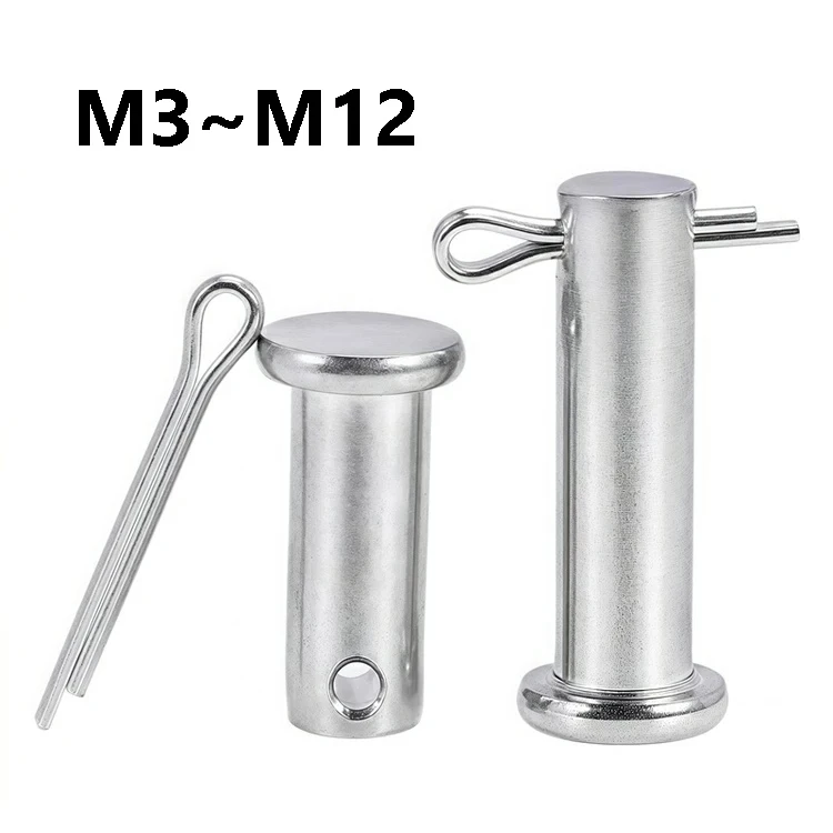 304 Stainless Steel Clevis Pins with Cotter Pins M3 M4 M5 M6 M8 M10 M12 Flat Head Lock Pins for Machinery Automotive Fasteners