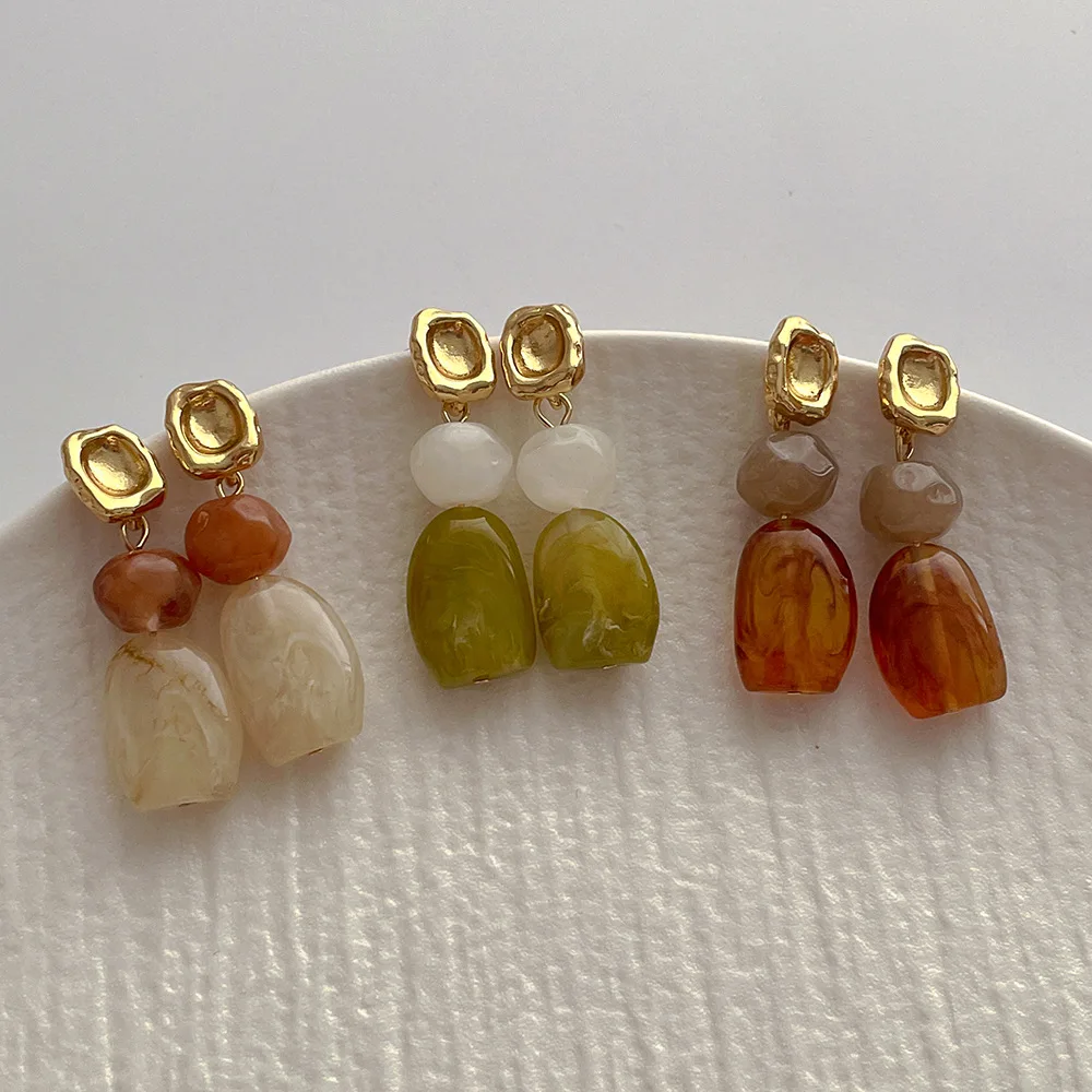 Minar Korean Style Irregular Mix Color Contrasted Resin Hanging Dangle Earrings  for Women 14K Real Gold Plated Copper Jewelry