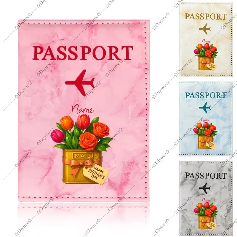 Personalized Custom Name European Vintage Floral Art Passport Cover | Golden Gift Box Design with Vibrant Tulip Bouquet