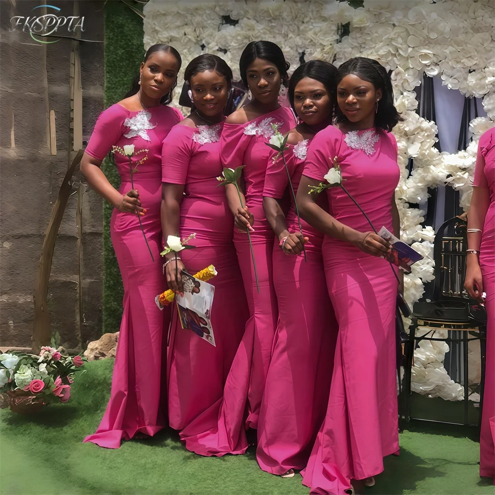 Wholesale Long Fuchsia Mermaid African Bridesmaid Dresses Whith Appliques Satin Short Sleeves Maxi Wedding Guest Gowns Cheap