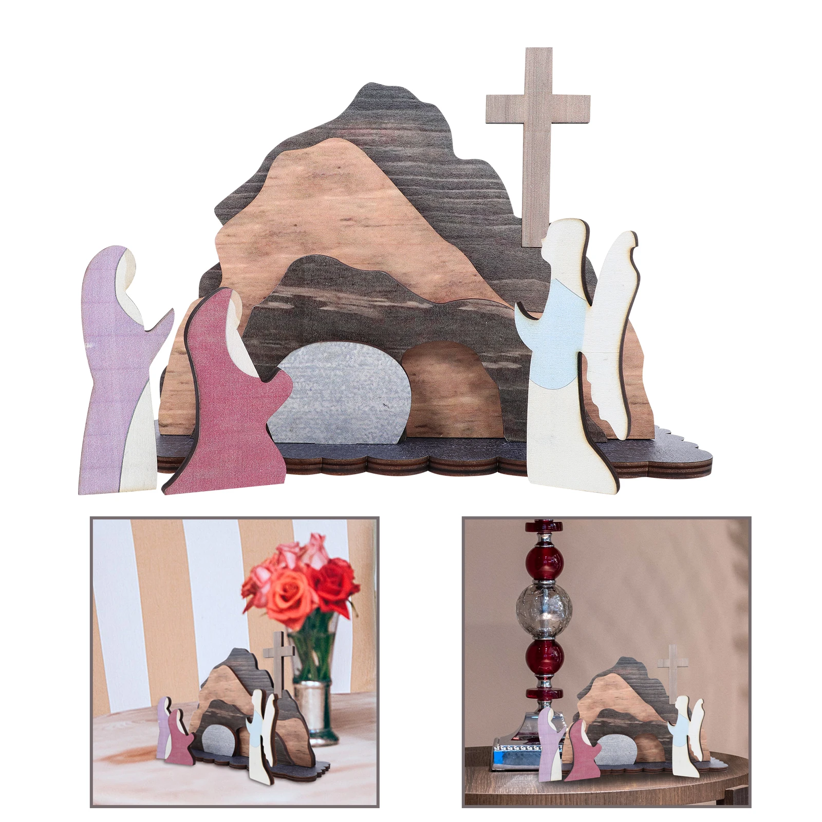Wooden Carving nament Easter Scene Decorations Jesus Nativity Festive Adornment Tabletop Display Home Party DIY
