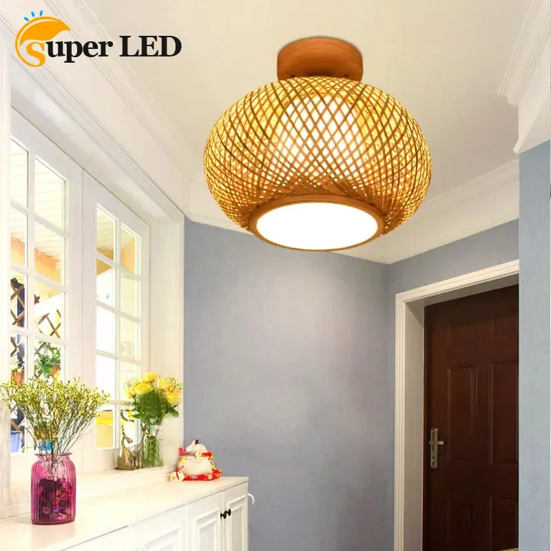 

Handmade Knitting Natural Bamboo Ceiling Light E27 Home Creative Lighting Chinese Zen Room Aisle Decorative Cage Light Fixtures