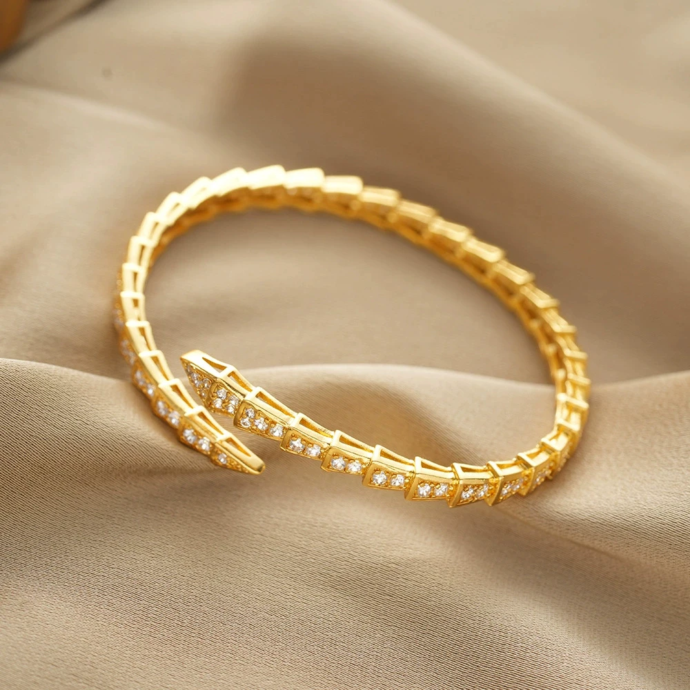 Fashion Snake Bone Bamboo Inlaid Zirconia Open Bracelet Women Gold Copper Metal Couple Holiday Gift Bracelet Party Daily Jewelry image 5