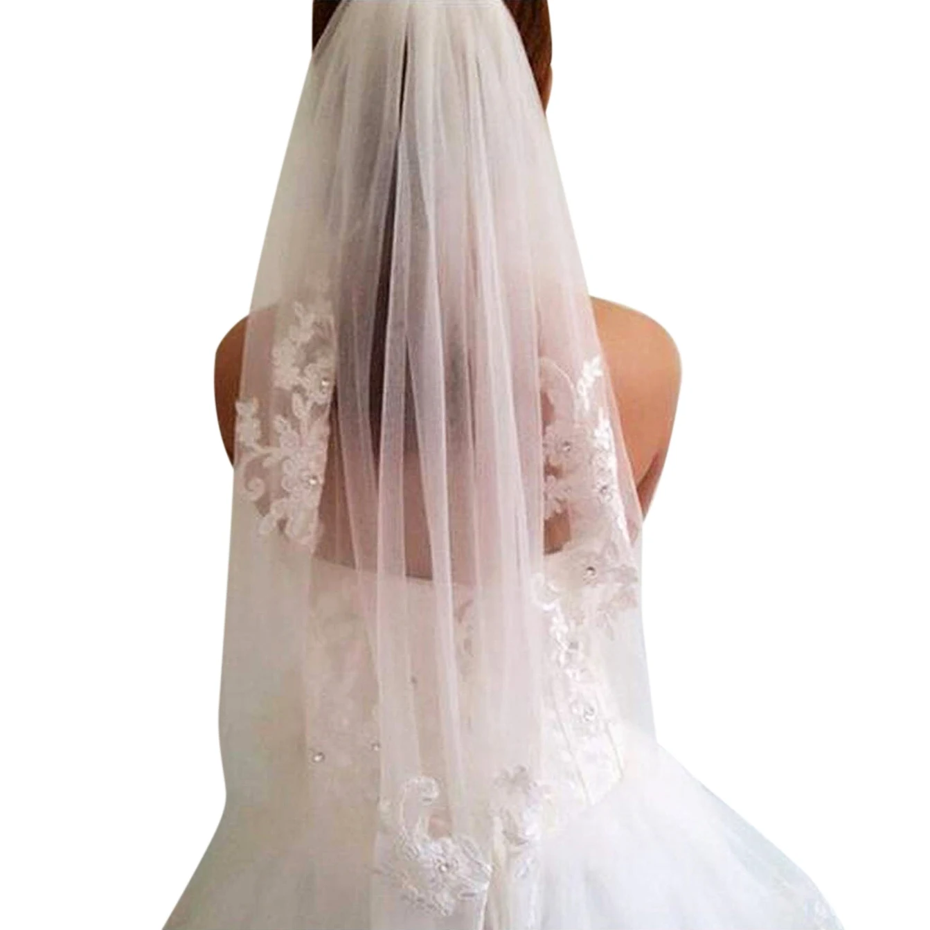 Wedding Veils Bridal Veils Short One Layered Waist Length Beaded Diamond Applique White