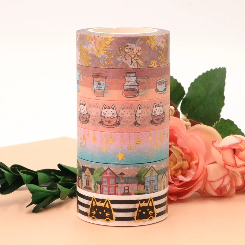 1PC 15MM*10M Gold Foil Cats Coffee Cap Coffee House Stars Moon Masking Tape Scrapbooking stationery  washi tape