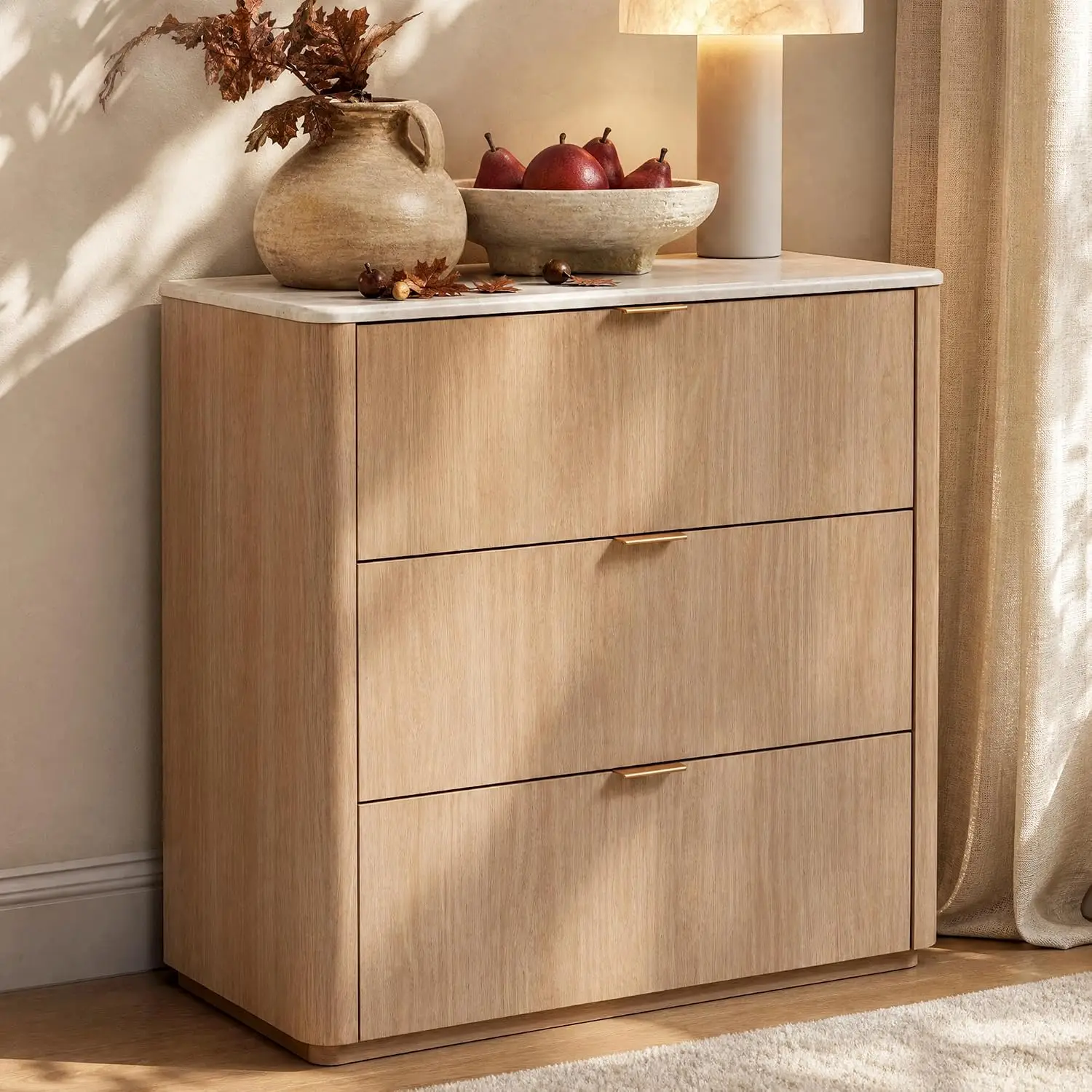 3 Drawer Dresser Curved Profile Faux Stone Texture, 31.5