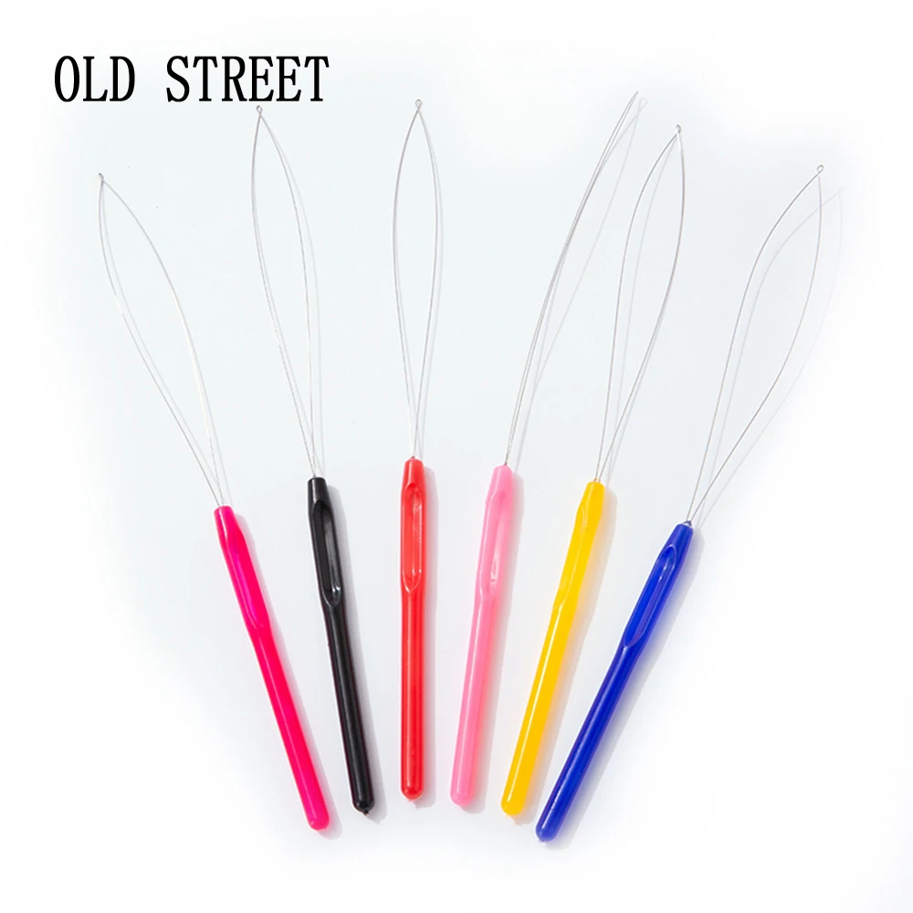 Colorful Micro Rings Loop Plastic Handle Tool Threader Pulling Needle Used With Hair Plier and Beads Feather Hair Extension Tool