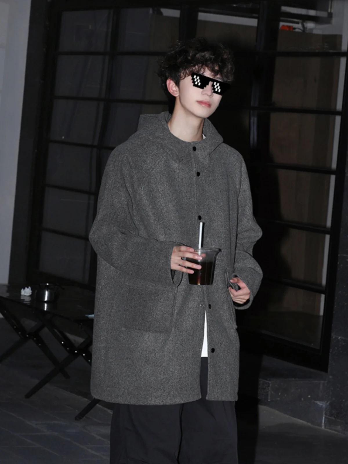 

ay Woolen Material Men's Autumn Winter Coat with Hood Medium Length Korean Sle Aosphere Feeling Jaet Cool Sle Polye...