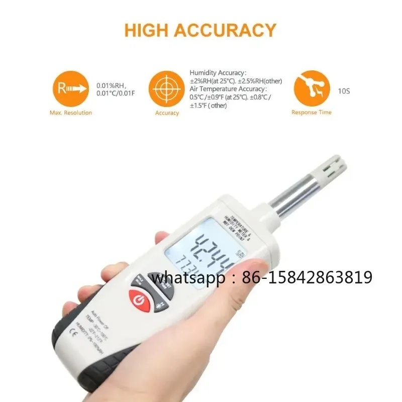 

Handheld Digital Temperature Humidity Meter, Dew Point & Wet Bulb Tester with Dual Display