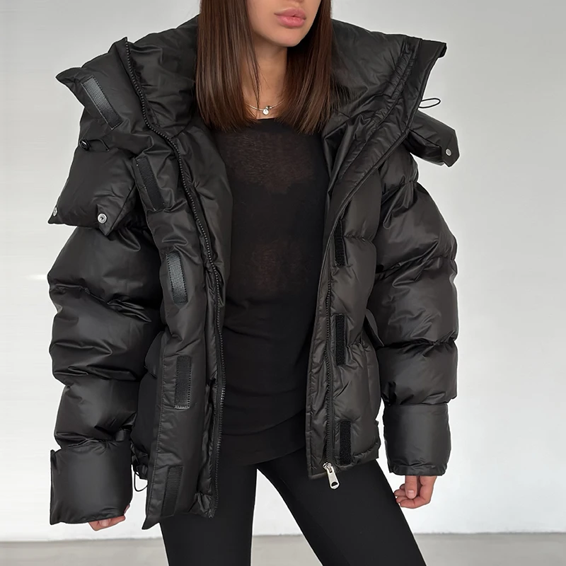 Kapuzenjacke mit Großen Taschen, Übergroße Gefütterte Jacken für Damen, Street-Style, Stehkragen, Lange Ärmel, Reißverschluss, Einfarbig, Lose Pufferjacken, Neue Oberbekleidung – Detail 24