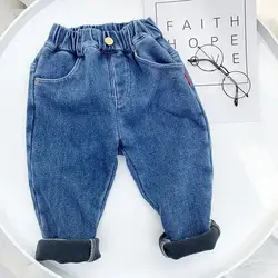 Autumn Winter Boys thick Jeans New Children's Thickened One piece Velvet Pants Girl Baby Winter Trousers