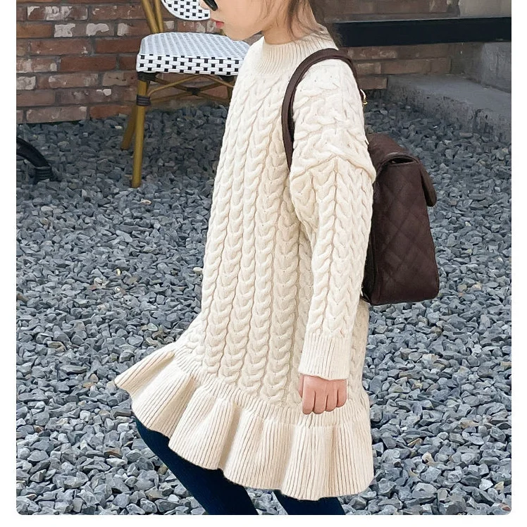 

Girl Dress Autumn Winter 2024 New Lotus Leaf Edge Sweater Knitting Skirt Solid Casual Simple Fashion Sweet Korean Active Vintage