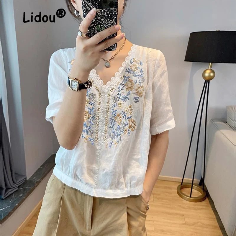 White Lace Floral Blouse Women Classic Short Sleeve V-neck Office Korean All-match Lady Summer Pullover Fashion New Shirt