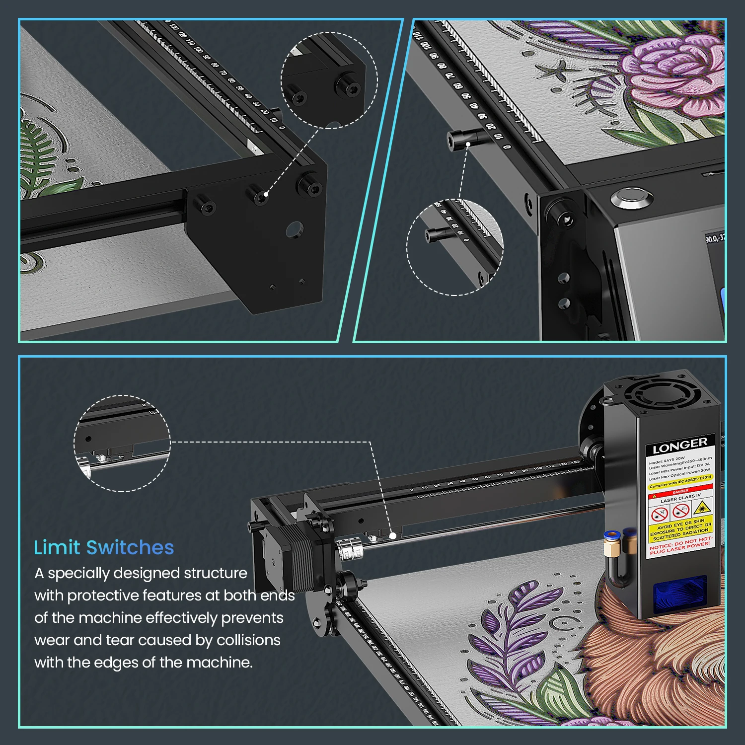 LONGER RAY5 20W Lasergravierer, 375 x 375 mm Arbeitsbereich, 0,08 x 0,1 mm Laserpunkt, WLAN, 32-Bit-Chipsatz, Touchscreen, Laserschneider für Holz, Acryl, Leder & Metall – Detail 14
