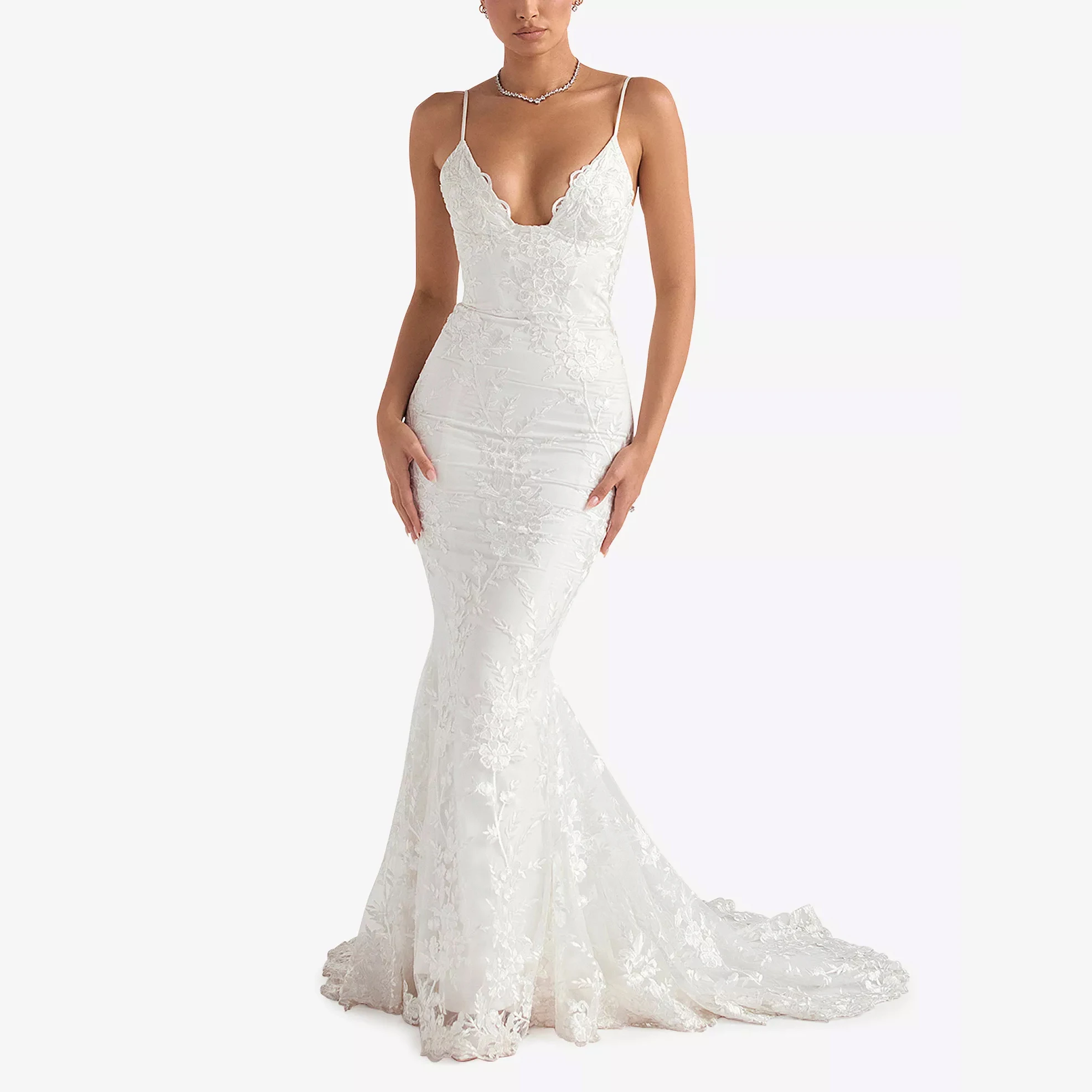 Robe de mariée en dentelle florale festonnée pour femmes, robe maxi licou, corset élégant, ajusté, robe d'invité de mariage formelle, patients