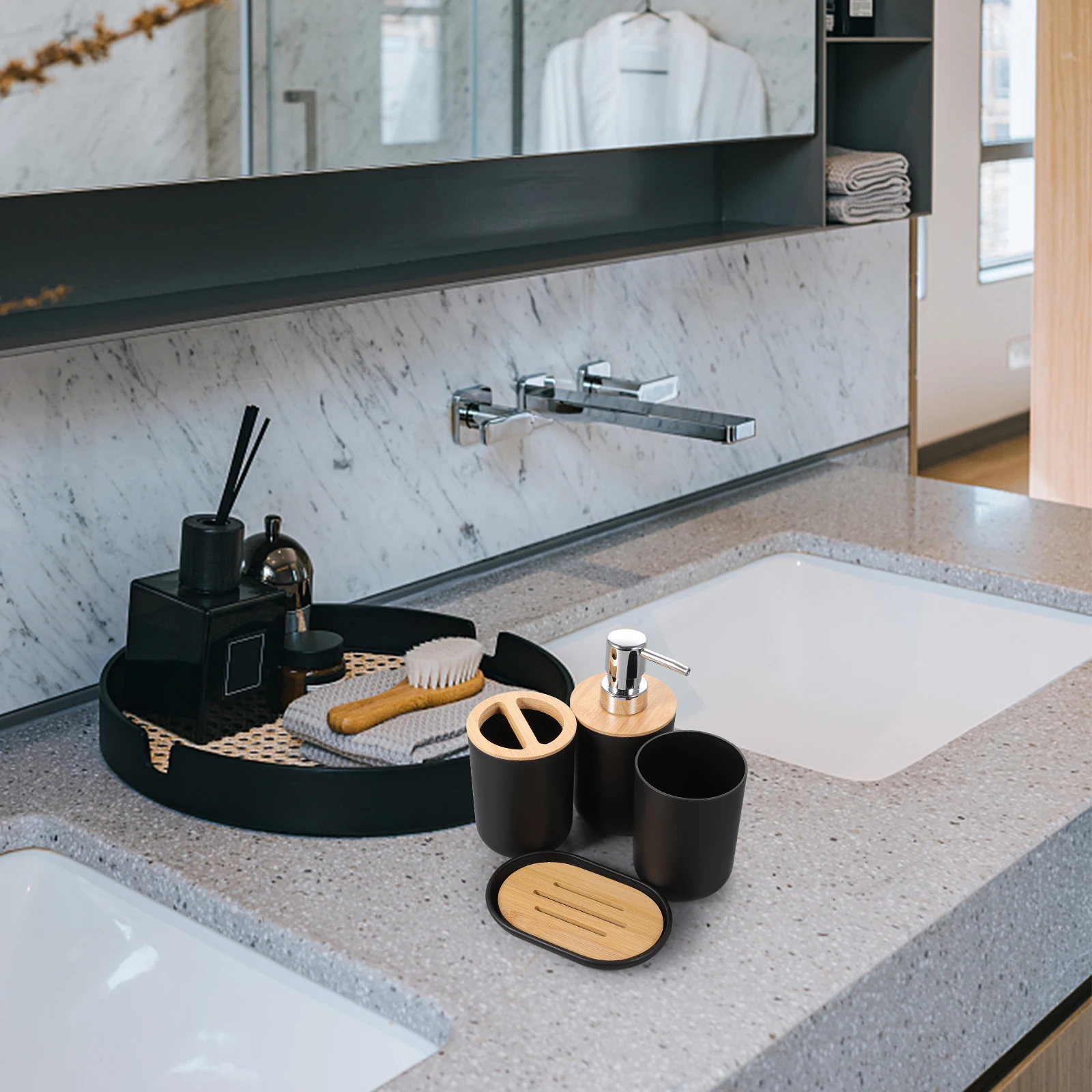 

1Set Wash Cup Bathroom Accessories Organizer Black Elegant Smooth Polishing Multipurpose Portable Bath Countertop Essentials