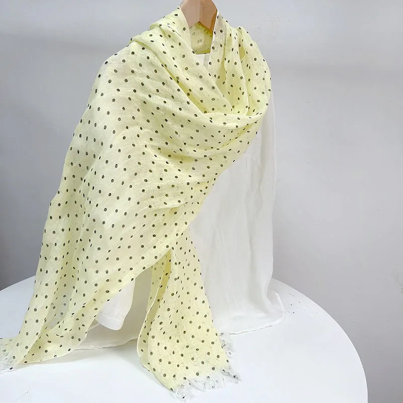 Pure Linen Soft Scarves Women Polka Dot Retro Design Scarf Summer Travelling Long Scarves Breathable Thin Shawl 65x180cm