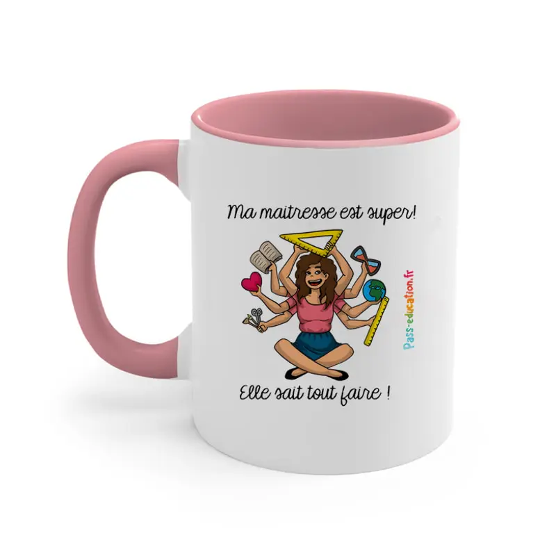 French Super Hero Maitresse Funny Print 11oz Pink Accent Coffee Mug Preschool Teacher End of Term Thank You Gift
