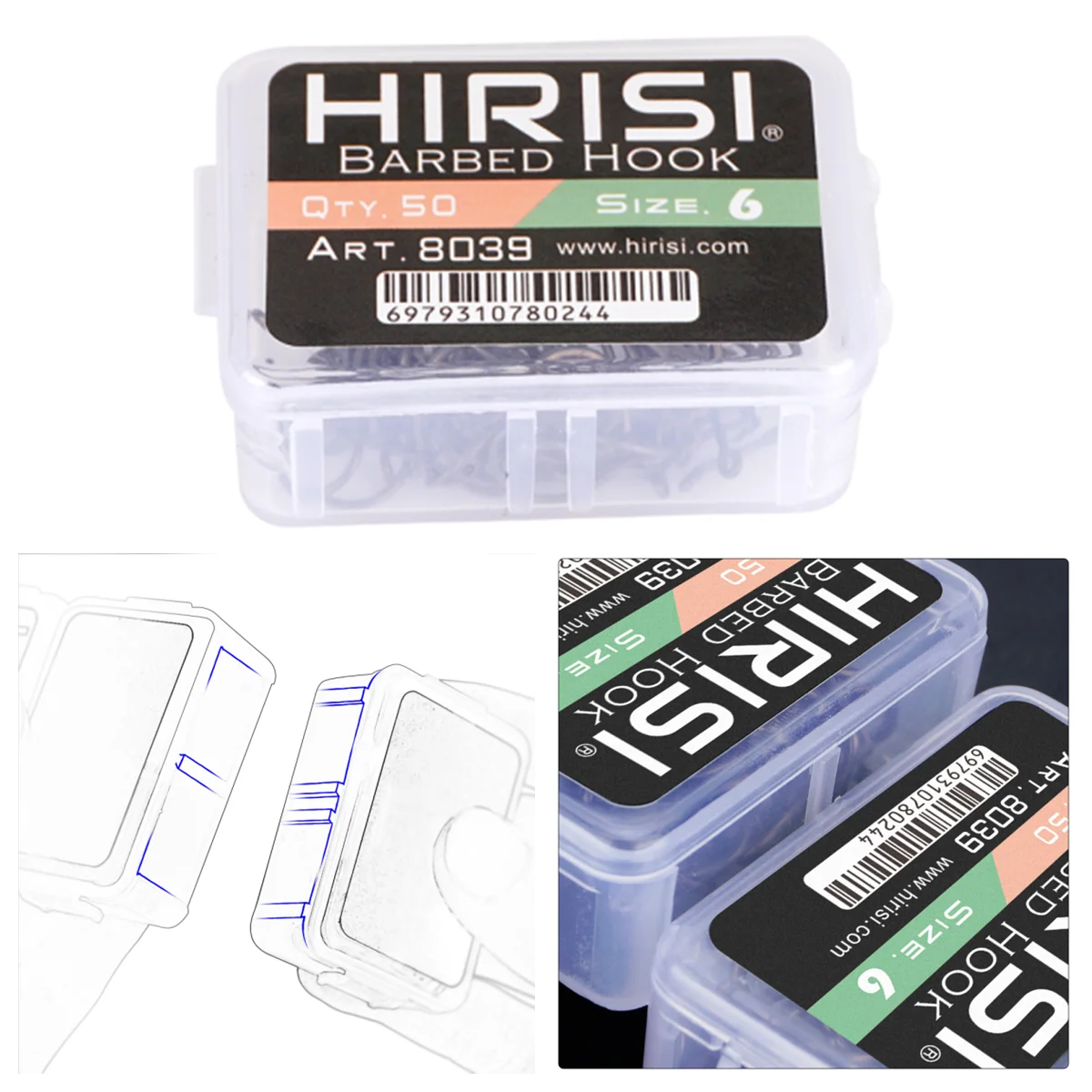 Hirisi 8039 50/100 Stück Hochkarbon-Stahl PTFE-beschichtete Scharfe Widerhaken-Karpfenangelhaken mit Öse, Verbindbare Box – Detail 6