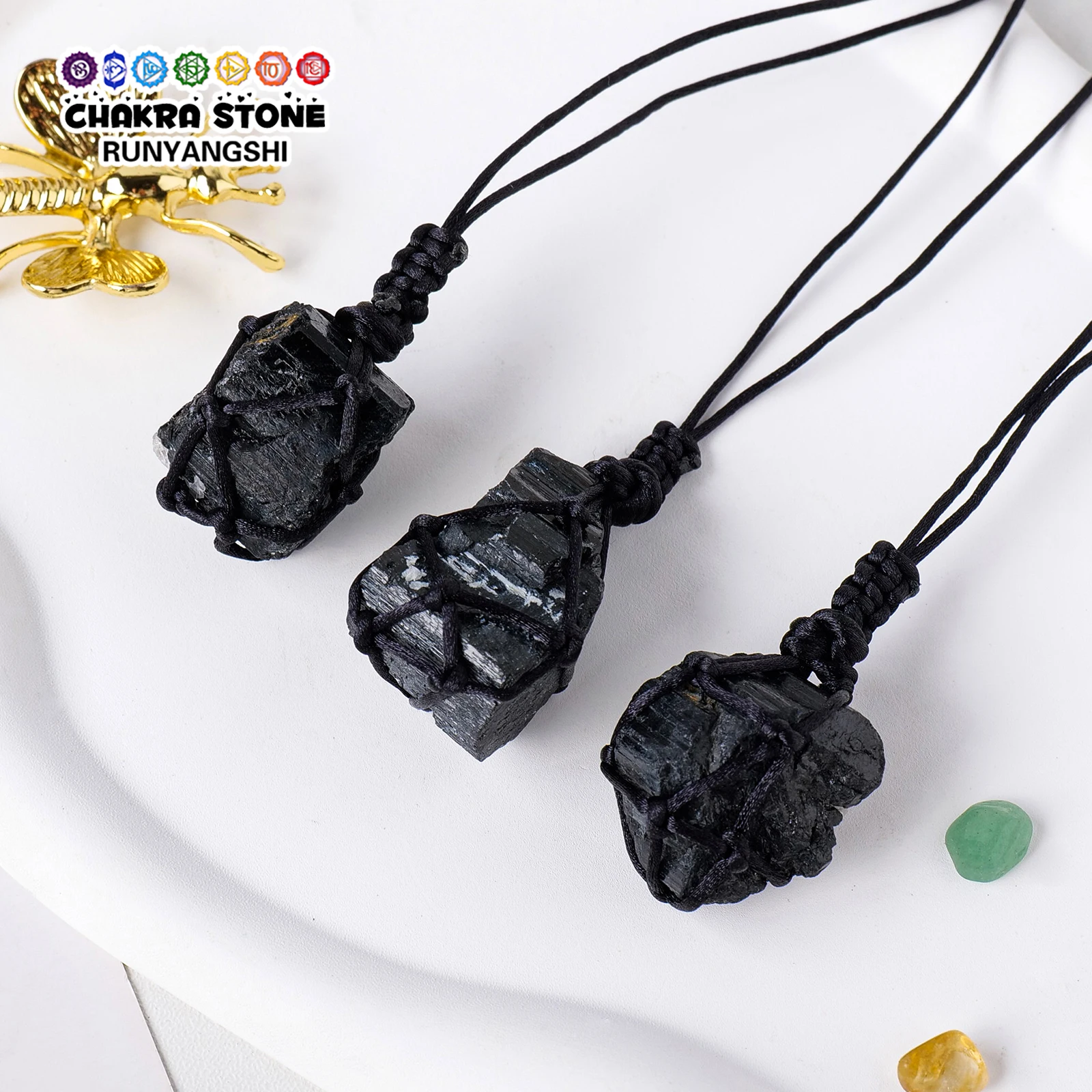 1PC Natural Black Tourmaline String Bag Pendant Adjustable Necklace Decorative Stone Crafts Energy Gem Healing Health Gifts