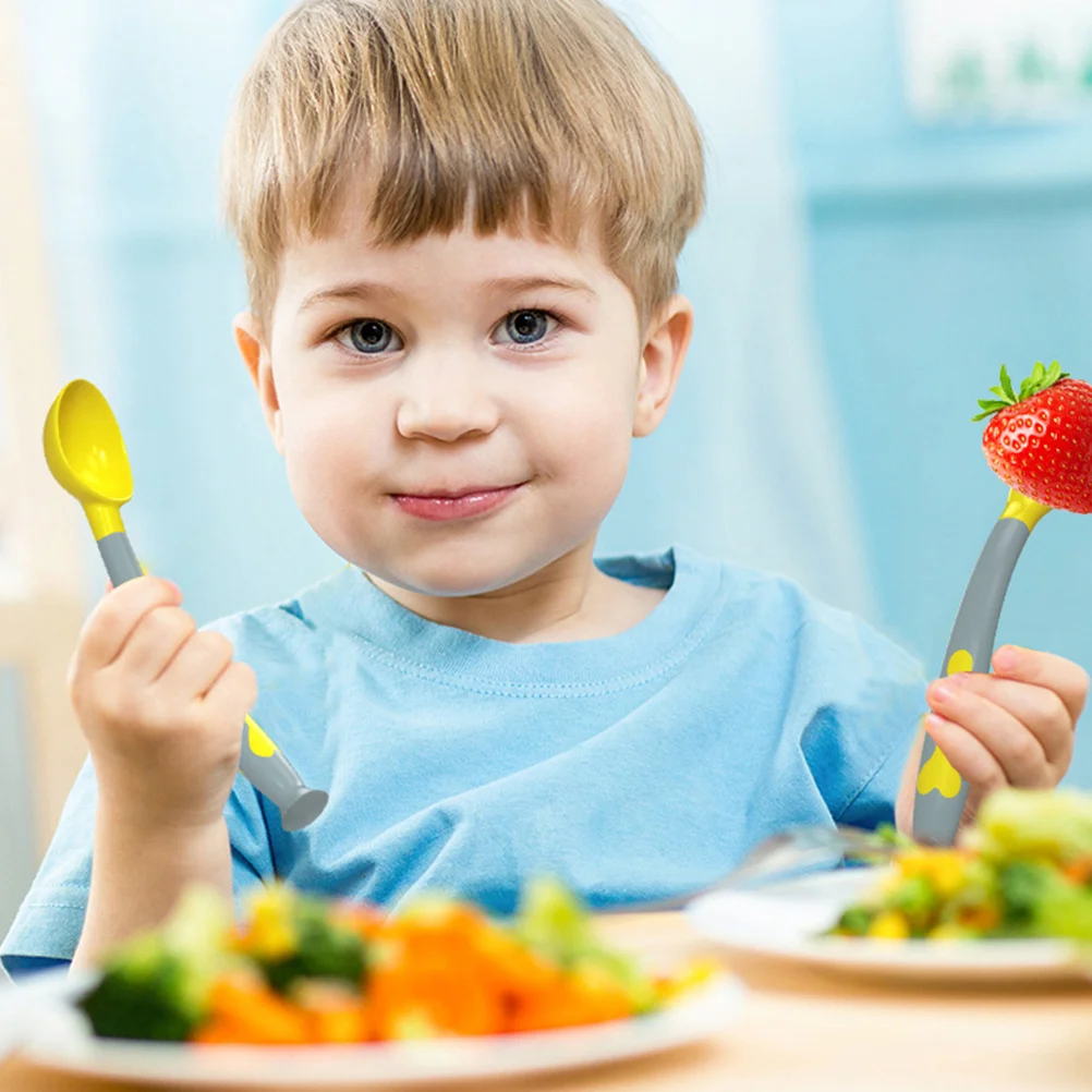 

1 Set Baby Spoon Fork Set Bendable Food Grade Feeding Utensil Suction Base For Infant Tableware Toddler Eating Learning Safe
