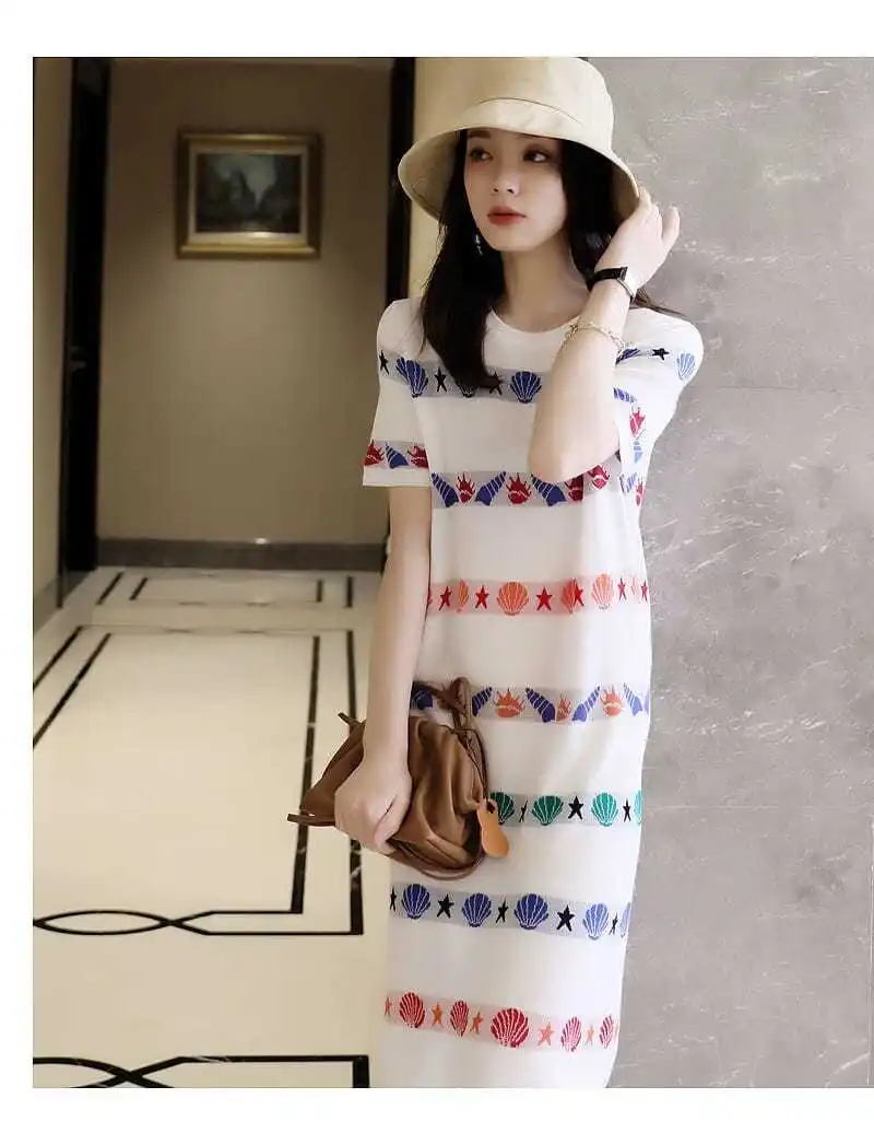 Spring/Summer New Gentle Ocean Printed Knitted Soft Dress with Round Neck Thin Knitted Shirt Elegant Women's Skirt