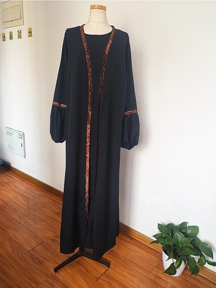 Eid Moslim Abaya Vrouwen Jurk 2-delige Set Gebed Marokko Caftan Ruche Abaya Toga Dubai Arabische Kimono Vest Gewaad Uitloper