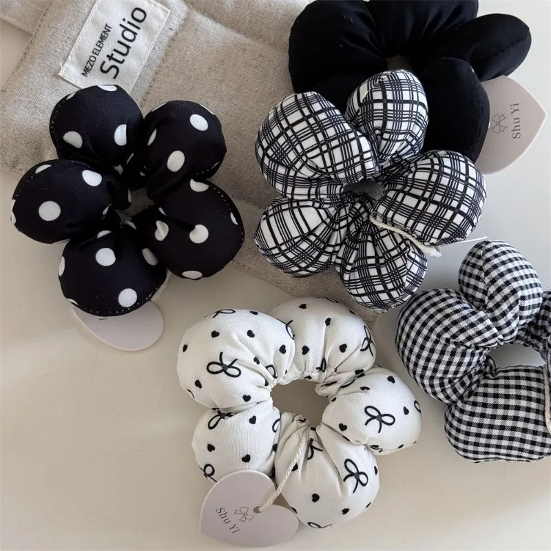 Black filled cotton cute little flower hair band polka dot bow plaid intestine ring headrope new hair accessories