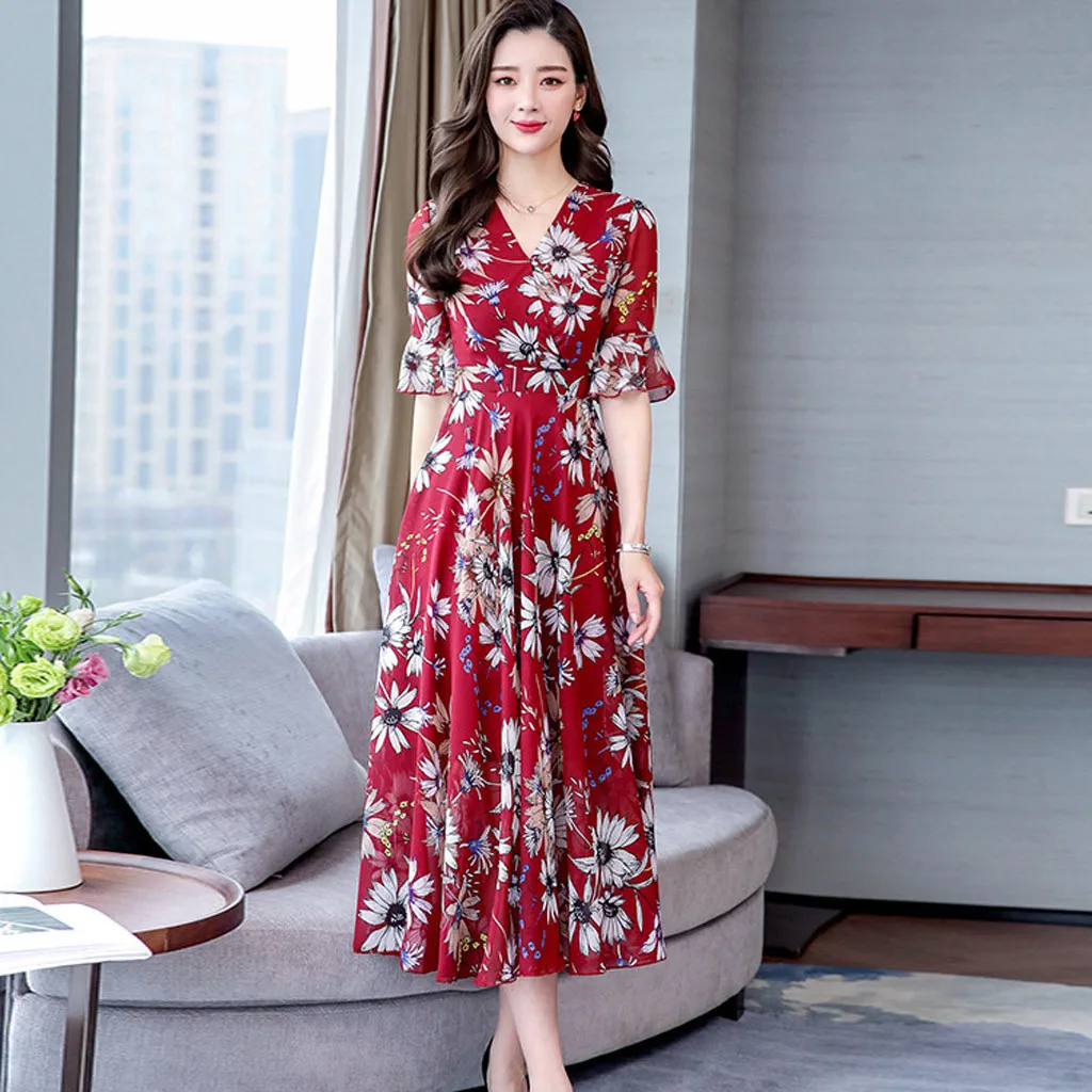 Fashion Short Sleeve Dress V-Neck Floral Print Loose Women Long Dress Summer Casual A-Line Elegant Dress vestidos para mujer