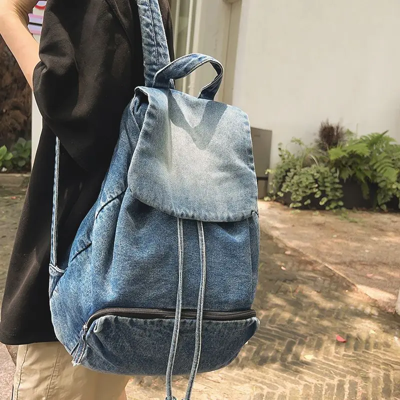 

Vintage Denim Backpack Female Large Capacity Fallow Backpack Sense of Design College Student Schoolbag Go Out Travel Bag